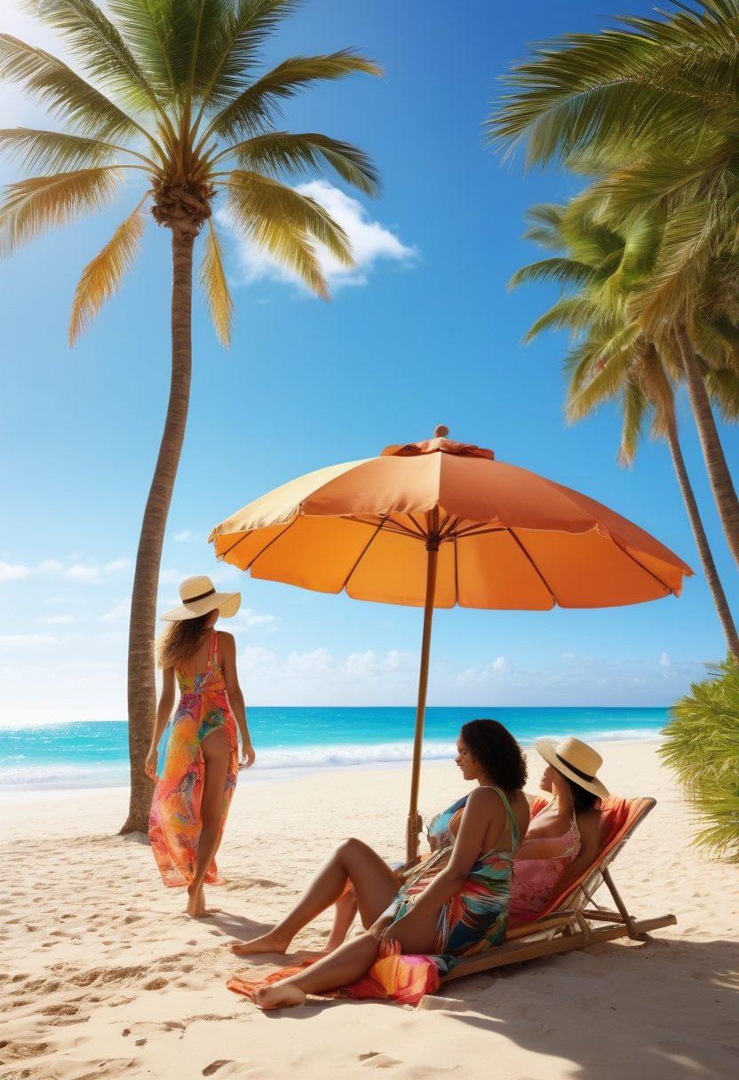 A serene beach scene showcasing a diverse group of stylish individuals in effortless beach chic outfits, lounging under colorful umbrellas, surrounded by soft sand and gentle waves. Include vibrant swimwear and flowy cover-ups, with sun hats and accessories that embody a carefree summer vibe. Capture the essence of relaxation and fun in the sun, with a bright blue sky and palm trees in the background. super-realistic. vibrant colors. sunny beach atmosphere.
